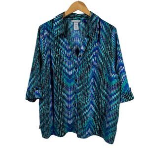 Catherines Top Womens Plus Size 1XWP Blue Green Print Artsy Button Up Spring